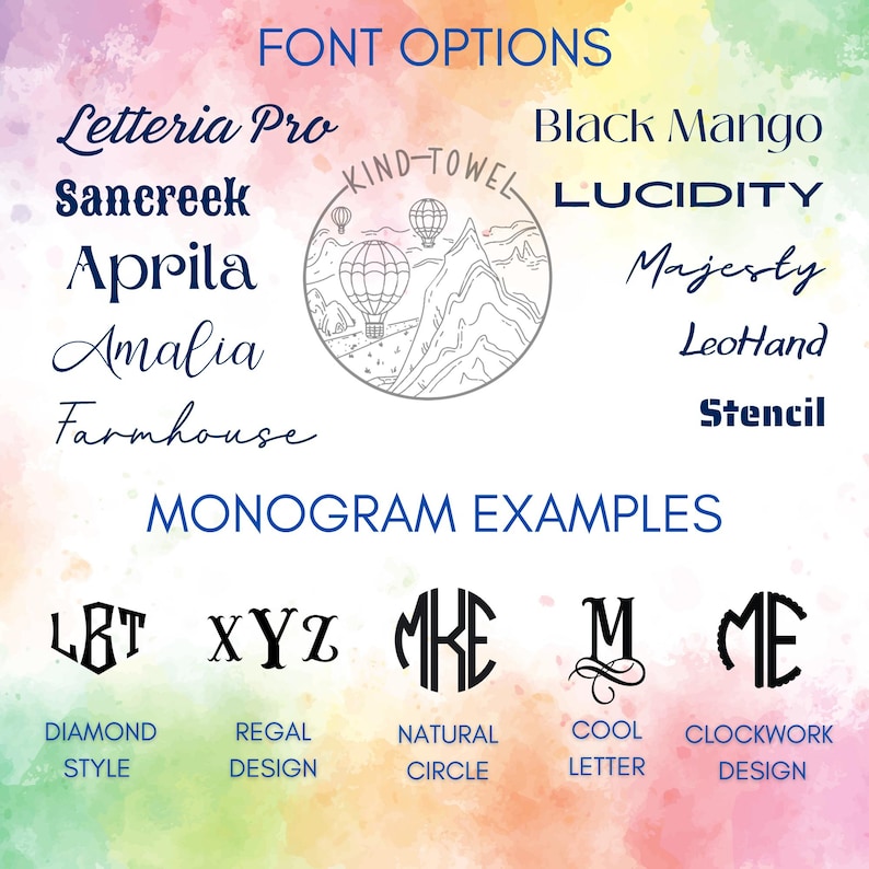 May include: Image showcasing font options and monogram examples. The text includes various font styles like "Letteria Pro" and "Black Mango." Monogram examples feature different designs, including "Diamond Style" and "Natural Circle," set against a colorful watercolor background.