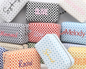 Checkered Makeup Bag, Girls Trip Gift, Woman Item Organizer, Bridesmaid Gift, Travel Bag, Toiletry Bag, Custom Name Pouch, Personalized Gift
