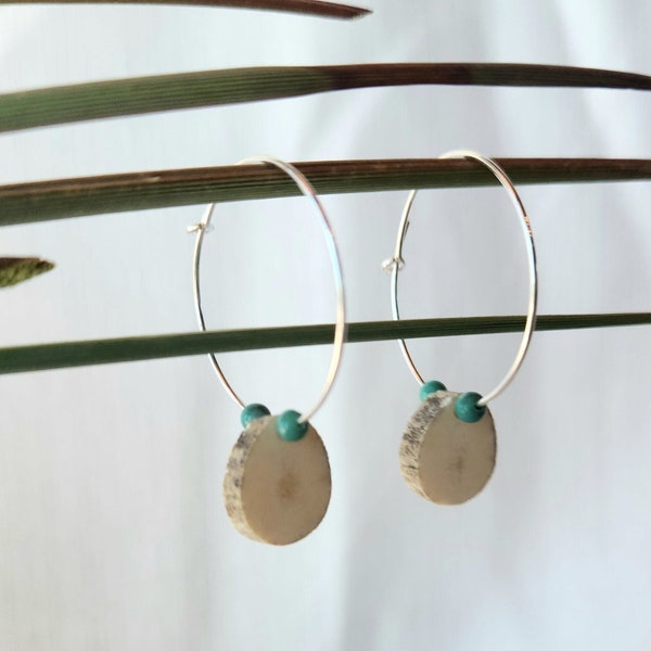 Real Deer Antler Earrings,Sterling Silver Hoops, Genuine Kingman Turquoise Earrings, Unique Turquoise Hoop Earring GIft, Tribal