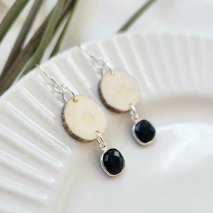 Real Elk Antler Earrings, Sterling Silver Black Onyx Earrings, Boho Rustic, Unique Earring Gift, Minimalist Earrings, Black