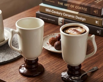Vintage Hall Irish Coffee Mugs 2 PCS set 1272 with pedestal brown and white