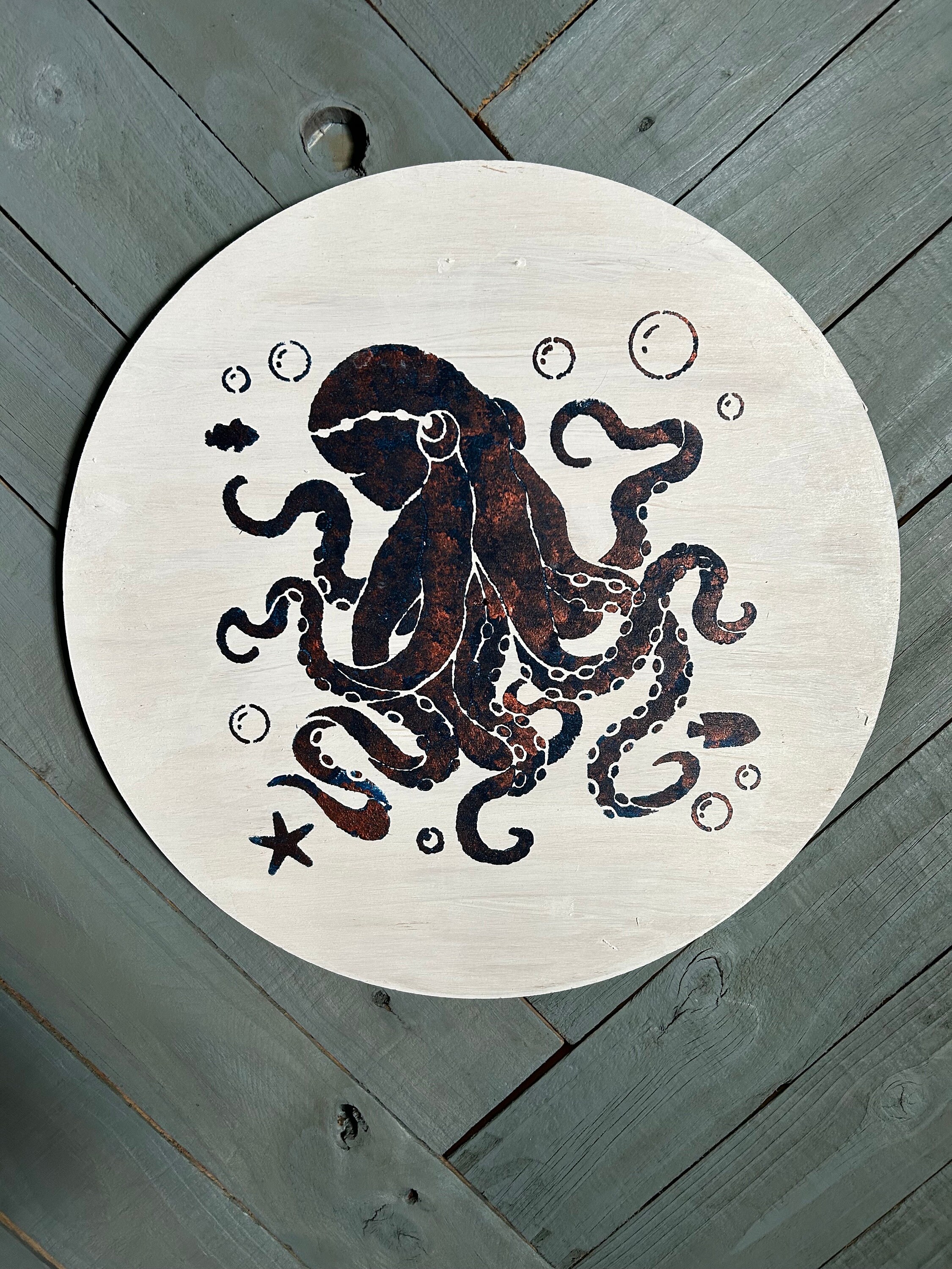Disk Octopus Octopus in Blue and Copper on a White Wooden Disk. - Etsy