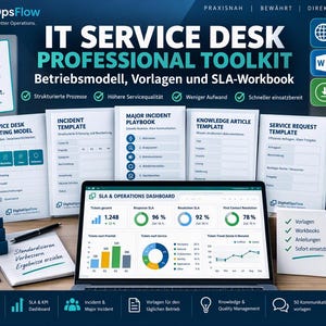 Op de afbeelding: Een IT Service Desk Professional Toolkit met een laptop die een SLA- en Operations-dashboard toont, omringd door geprinte sjablonen, een bedrijfsmodel en een stapel documenten met diverse servicemanagementprocessen.