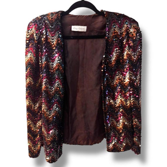 Vtg 80s Greg Adams Sequin Jacket Open Front Multi… - image 2