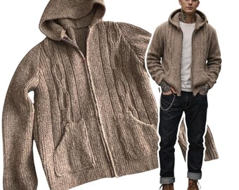 Chamula, Mexico Wool Hooded Sweater Cardigan Full Zip Gray Fisherman Size Medium