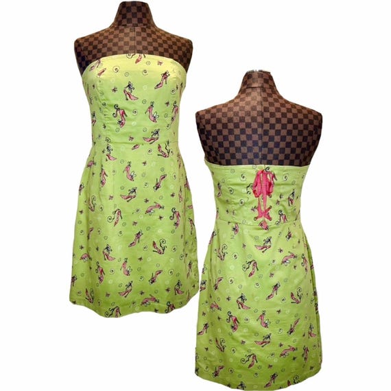 Y2K Strapless Corset Dress Sz 10 Green Shoe Print Clueless Bratz Green Pink Vtg