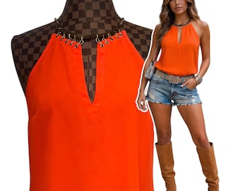 Y2K Bebe Orange Halter Top Sleeveless Blouse Metal Choker Collar Size Medium