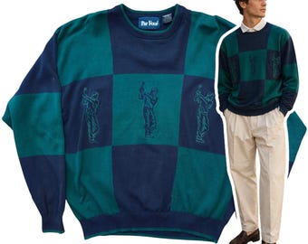 Vintage Par Four Mens Golf Sweater SIze XL Green Blue Colorblock Preppy 90s