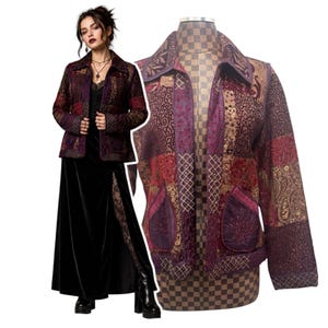 May include: A long-sleeve jacket featuring a patchwork design in shades of deep purple, burgundy, and gold. The garment includes a pointed collar, two front pockets, and intricate embroidery with beadwork details throughout the fabric.