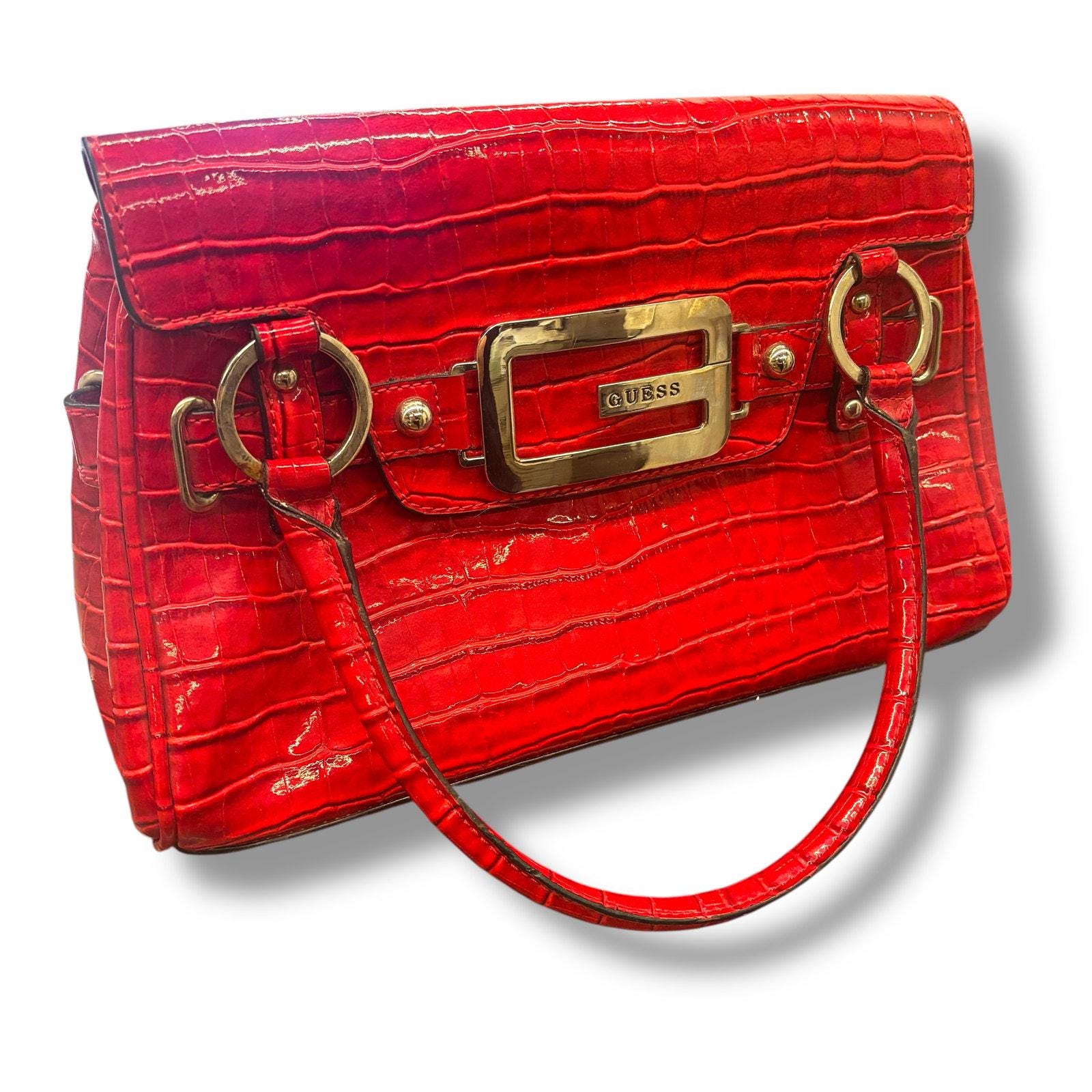 Y2K Guess Red Faux Crocodile Top Handle Bag Purse Studded Glam 