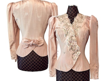 Jessica McClintock Bridal Pink Satin Blazer Size 10 Victorian Sequin Lace Vtg