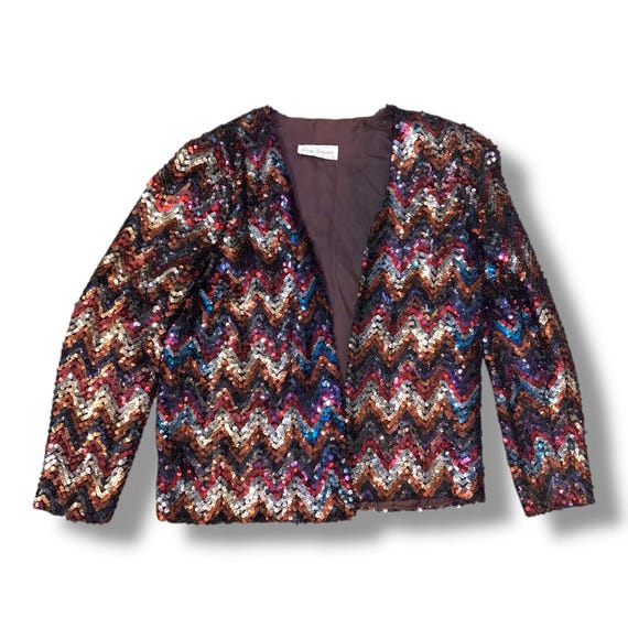 Vtg 80s Greg Adams Sequin Jacket Open Front Multi… - image 1