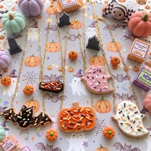 Halloween Pop Tart Necklace, Frosted Sugar Cookie Dessert Jewelry, Faux Halloween Cookie Ghost, Bat, Coffin, Pumpkin, Spooky Cute Fall Gift