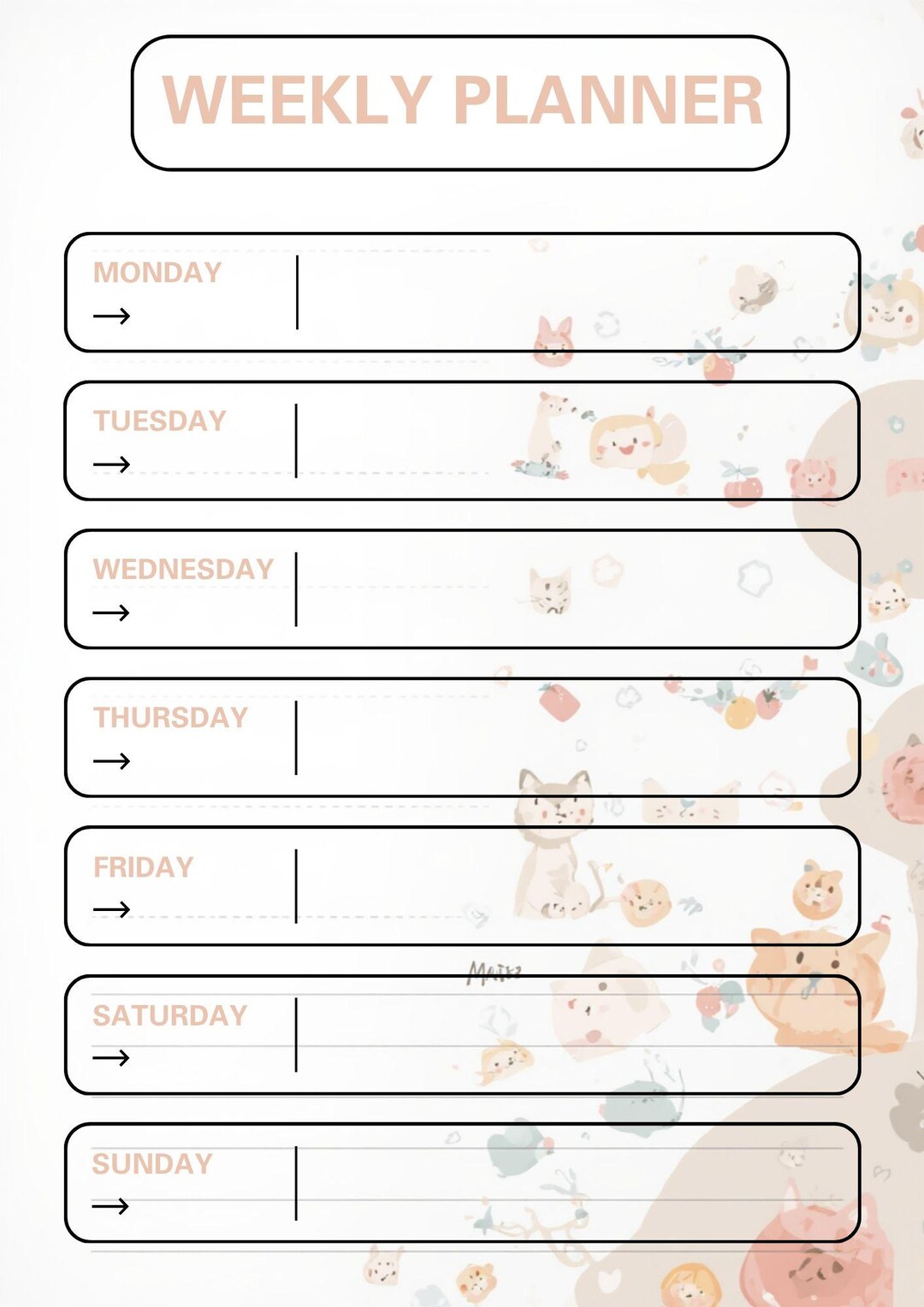 Weekly Planner - Printable Digital Download With Adorable Animals and ...