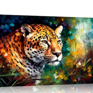 Artley Prints Leopard Staring Colourful Canvas Wall Art Print for Living Room | Abstract Pictures | Animal Decoration Oil Painting Re-print
