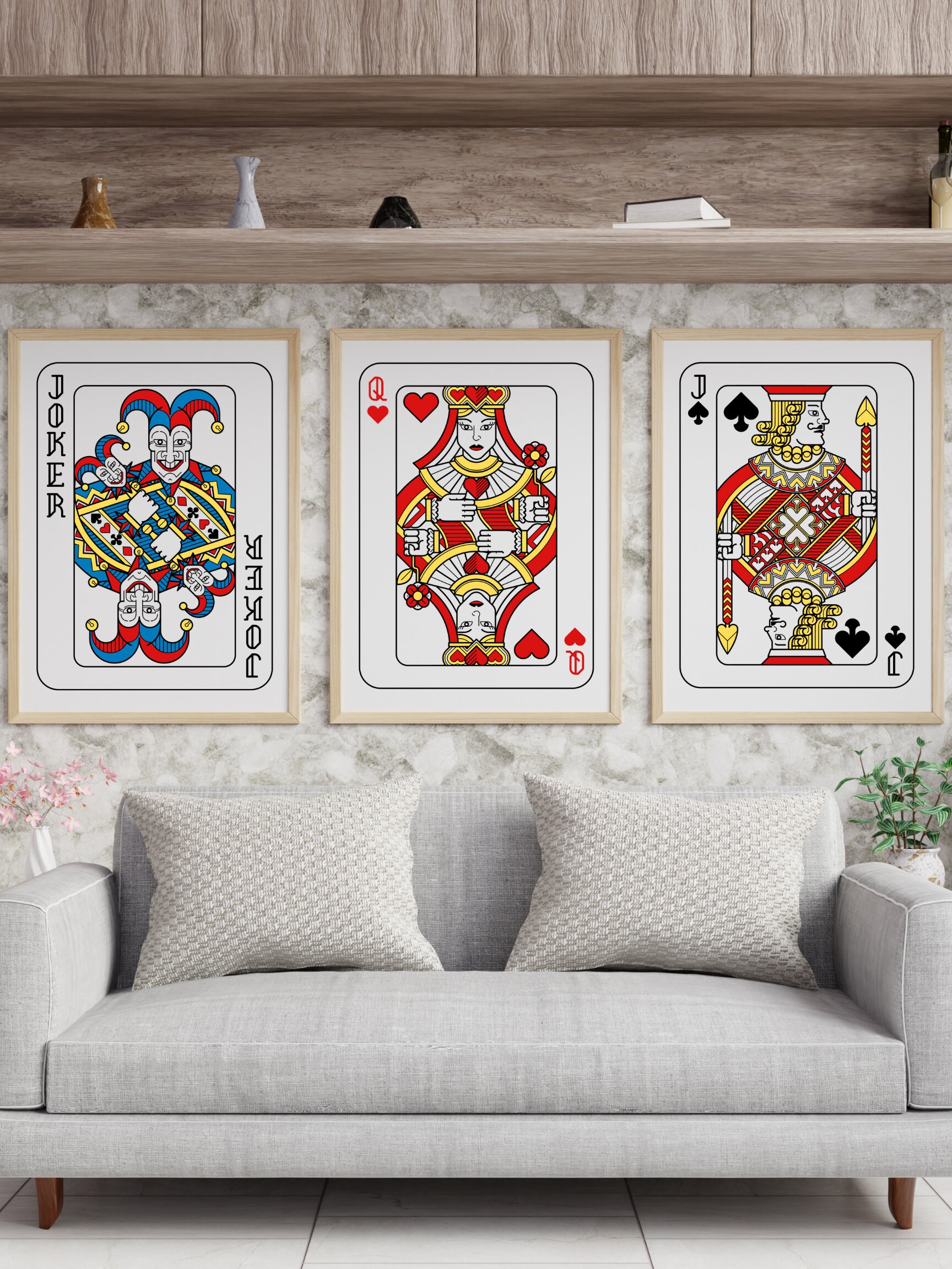 Playing Card Wall Art Set, King Queen Jack Joker Prints (digital