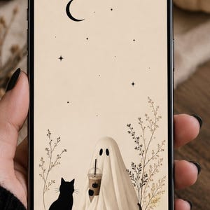 Minimalist Ghost Halloween Phone Wallpaper | Black Cat, Pumpkin, Moon (Digital Download)