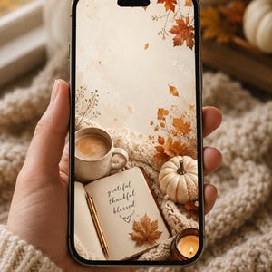 Può includere: Uno smartphone che mostra uno sfondo digitale con una scena autunnale con una tazza di caffè, una piccola zucca bianca, una penna dorata e un taccuino aperto con il testo grateful thankful blessed scritto in inchiostro nero.