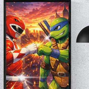 May include: Framed artwork depicting the Red Ranger from Power Rangers and Leonardo from Teenage Mutant Ninja Turtles fist-bumping. A cityscape is visible against a sunset sky. The artwork is in a black frame.
