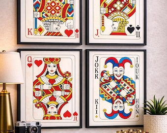 Juego de láminas decorativas de cartas de póker, con imágenes de rey, reina, jota y comodín (descarga digital).