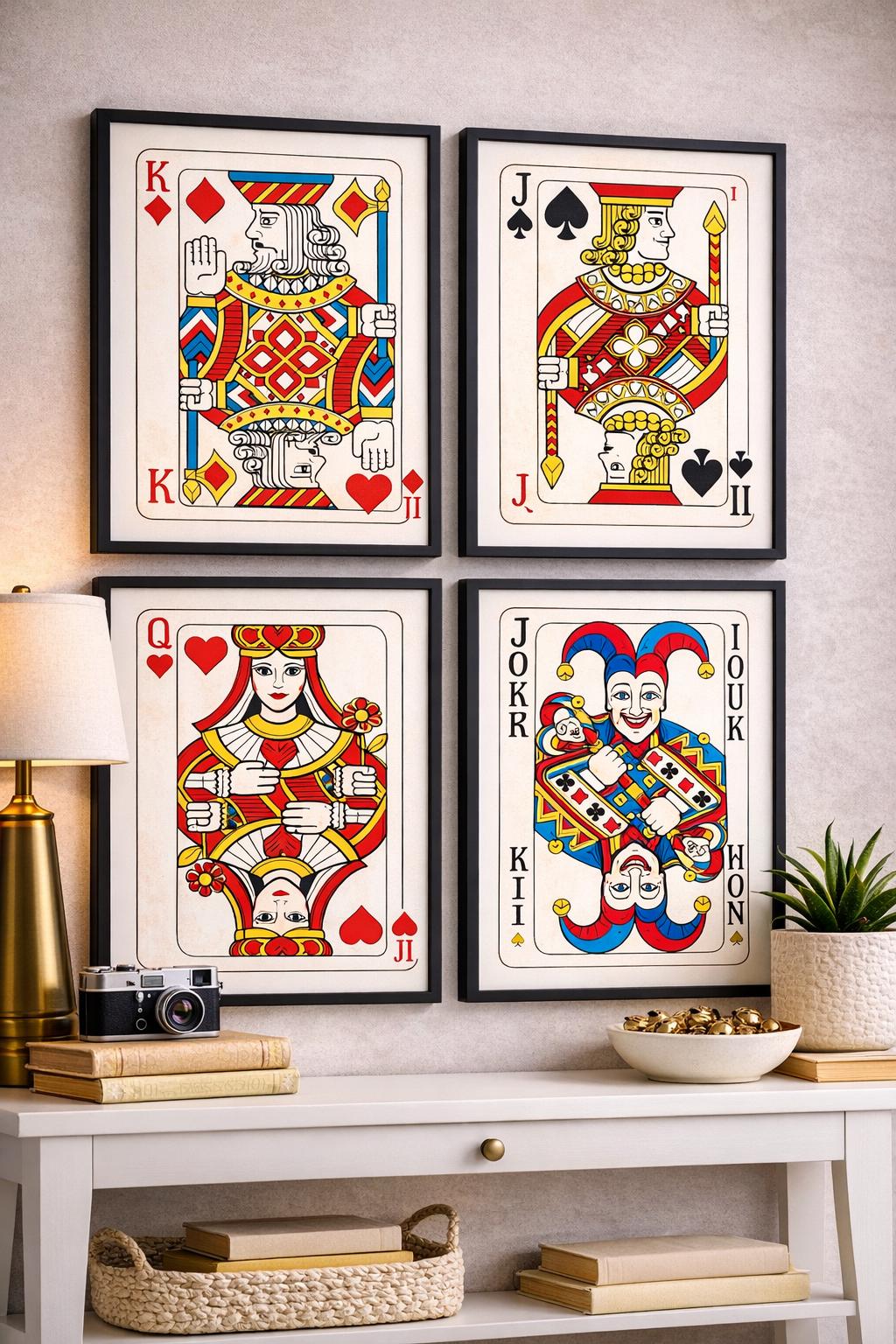 Playing Card Wall Art Set, King Queen Jack Joker Prints (digital