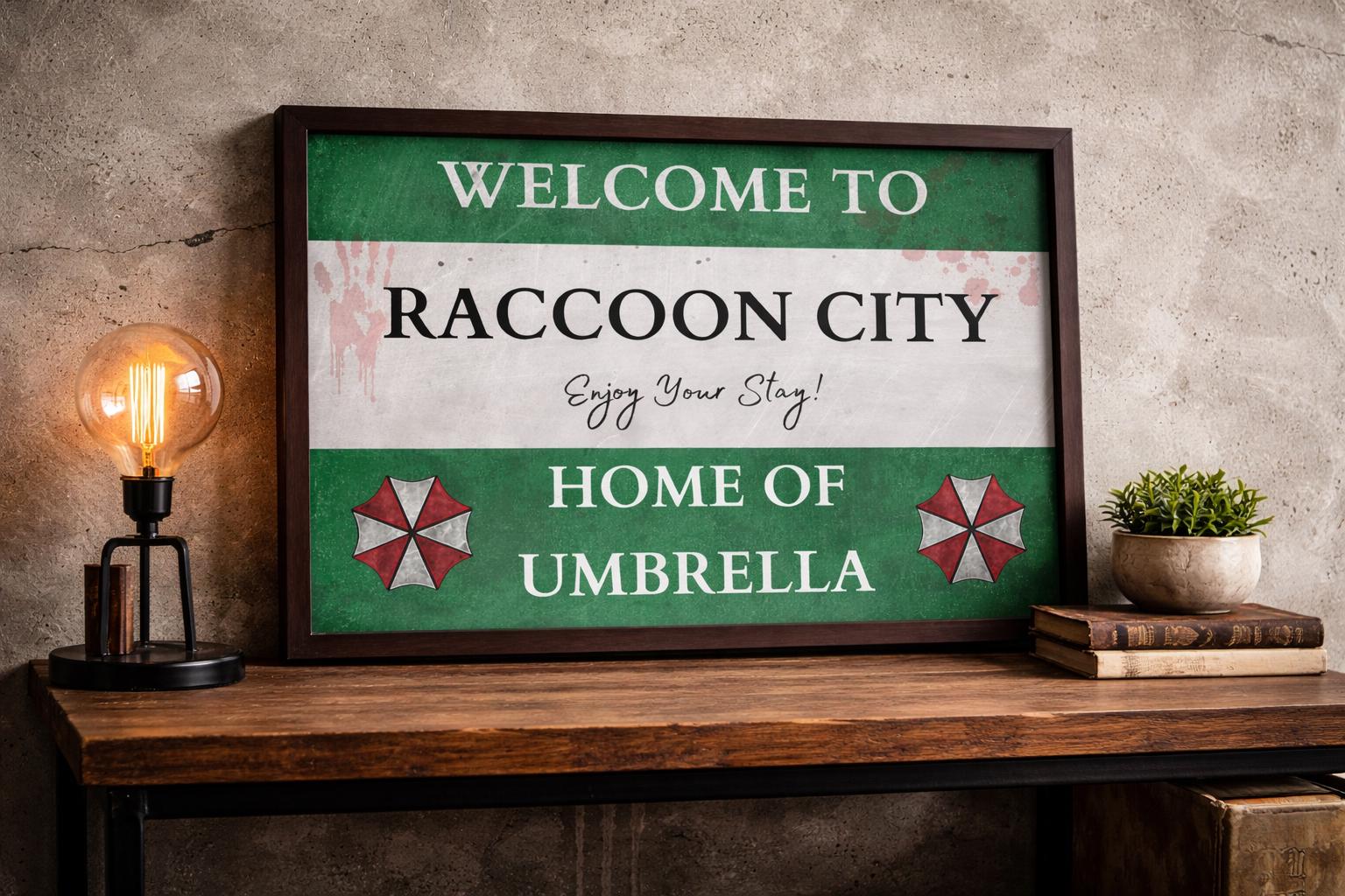 Raccoon City Welcome Sign | Resident Evil Horror Gaming Room Art