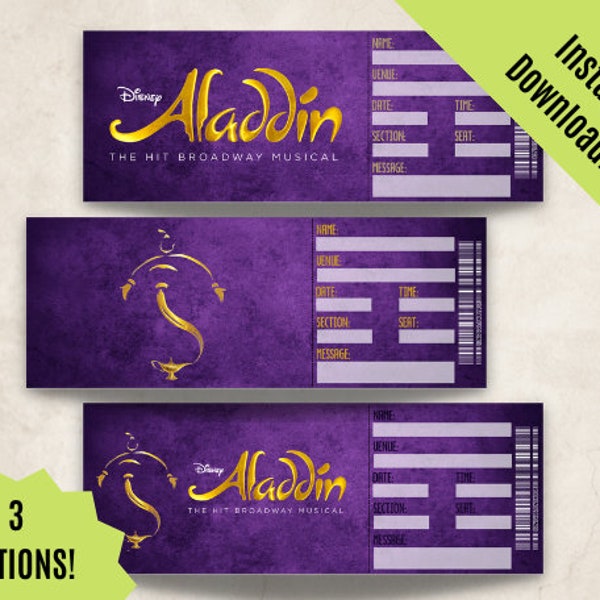 Aladdin Musical PDF Instant Download Digital Editable & Printable Ticket For Admission. Easy to Customize for the perfect GIFT!