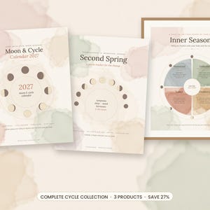 May include: Three printed documents featuring soft watercolor backgrounds in muted tones. The first is a 2027 Moon & Cycle Calendar, the second is a Second Spring journal, and the third is an Inner Seasons guide with circular phase diagrams.