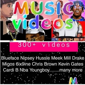May include: A promotional image with the words "MUSIC videos" in colorful bubble letters. The image features portraits of several musicians and the text "300+ videos" in a pink banner. Below, a list of artists is displayed.