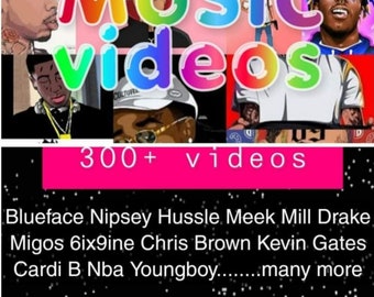 May include: A promotional image with the words "MUSIC videos" in colorful bubble letters. The image features portraits of several musicians and the text "300+ videos" in a pink banner. Below, a list of artists is displayed.