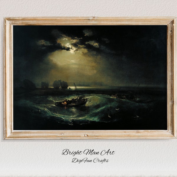 Downloadable Vintage Art by French Artist JMW Turner: Atmospheric Stormy Seascape Featuring Fishermen and Captivating Landscapes, digital