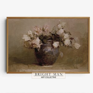 Pink Roses  Best Vintage Wall art  Home Decore  Vintage Muted Still Life Painting  Pink and White Flowers Botanical Farmhouse Print  | P544
