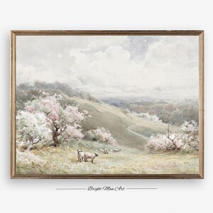 Vintage Sheep Painting Muted Flock of Sheep Print Cottagecore Landscape Easter Farmhouse Decor, PRINTABLE Wall Art Digital Download P311