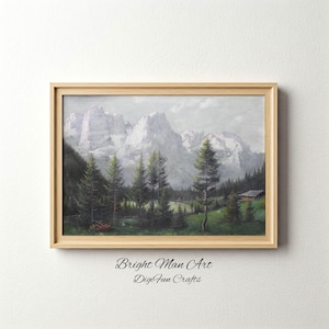Valley Cottage Painting |  Mountain View Wall Art | Vintage Unique Wall Decor | Oil On Canvas Digital Printable Art | P576