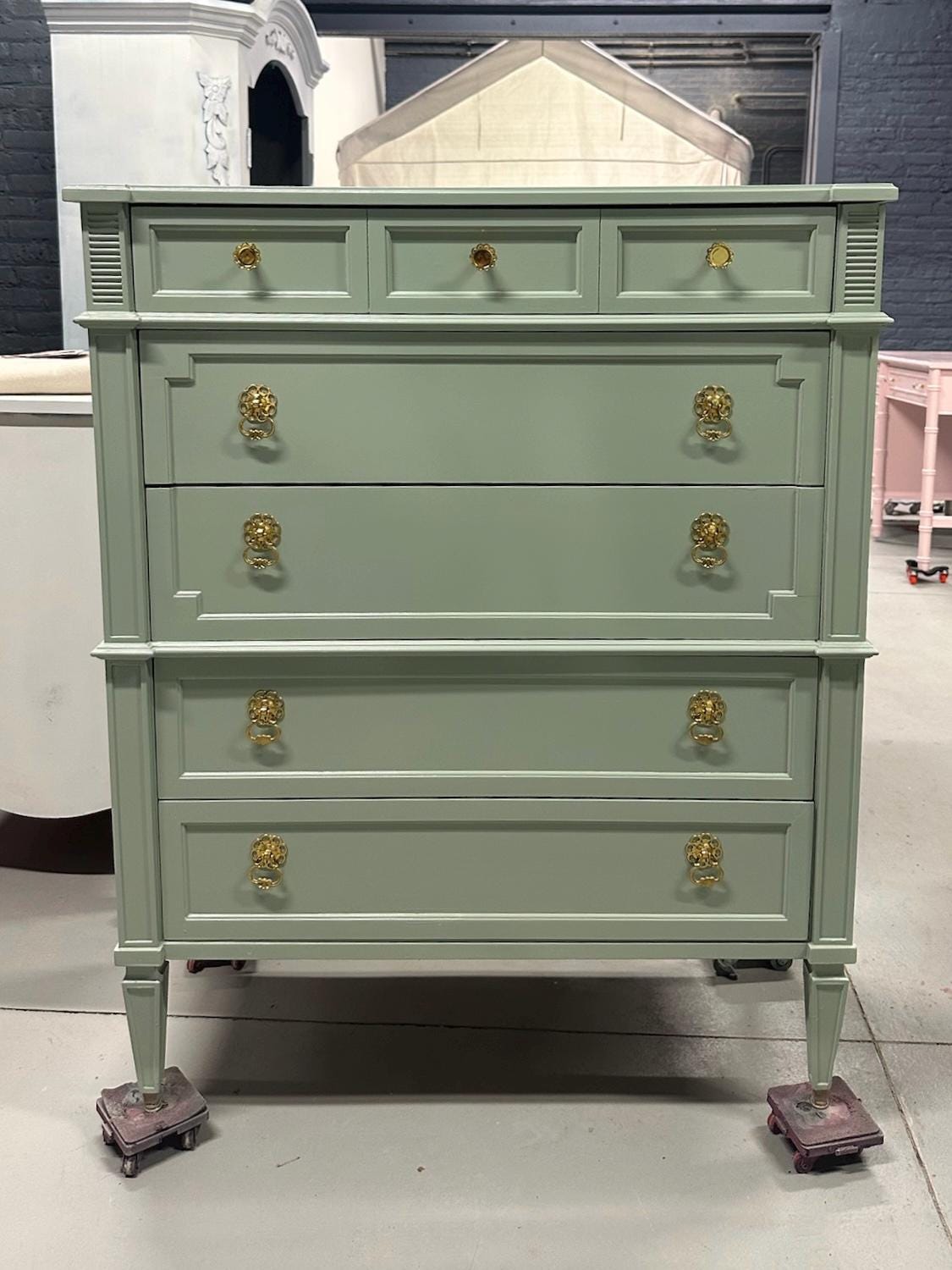 green lacquer dresser Kilmer Rounded Edge Six Drawer Chest