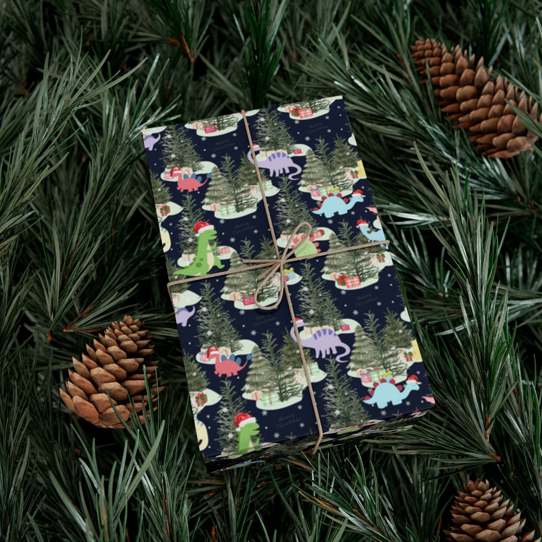 Cute Dinosaur Christmas Wrapping Paper Dinosaurs W/santa Hats Christmas Gift Wrapping Paper