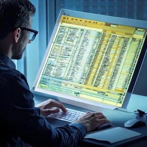 May include: A person is working on a computer with a spreadsheet program open on the screen. The spreadsheet is filled with numbers and data. The person is using a keyboard and mouse to navigate the spreadsheet.
