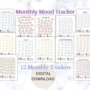 Mood Tracker, afdrukbaar, 12 maandenbundel, A4, A5, grafiek, Bullet Journaling