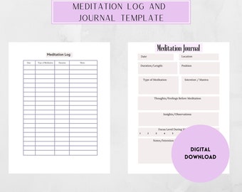 Könnte beinhalten: Eine digitale Vorlage für ein Meditationsprotokoll und ein Journal. Es enthält Abschnitte zur Aufzeichnung von Meditationsdetails, Gedanken und Erkenntnissen. Das Design umfasst eine hellviolette Kopfzeile und eine kreisförmige Grafik mit den Worten "DIGITALER DOWNLOAD".