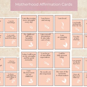 May include: A collection of peach-colored affirmation cards with white text and floral illustrations. The cards are titled "Motherhood Affirmation Cards" and feature positive statements like "I am loved" and "I am enough."