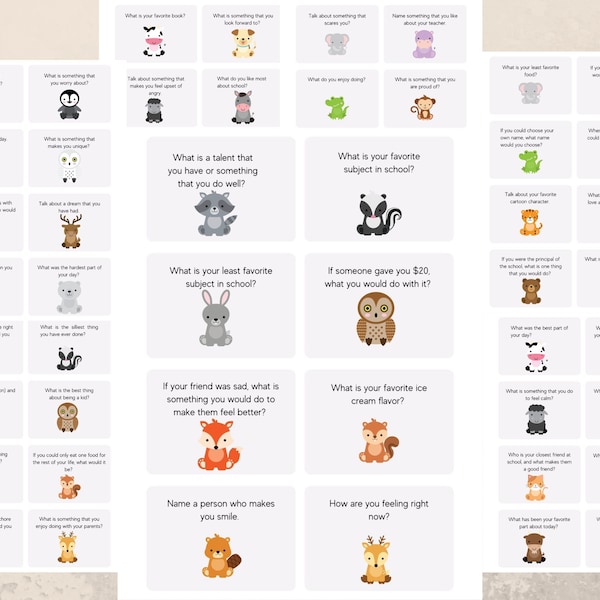 Kids Conversation Cards, Set of 56, Printable, Animal Theme