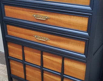 MCM Tallboy Dresser beautifully Refinished with Black Accents *shipping NOT Included *