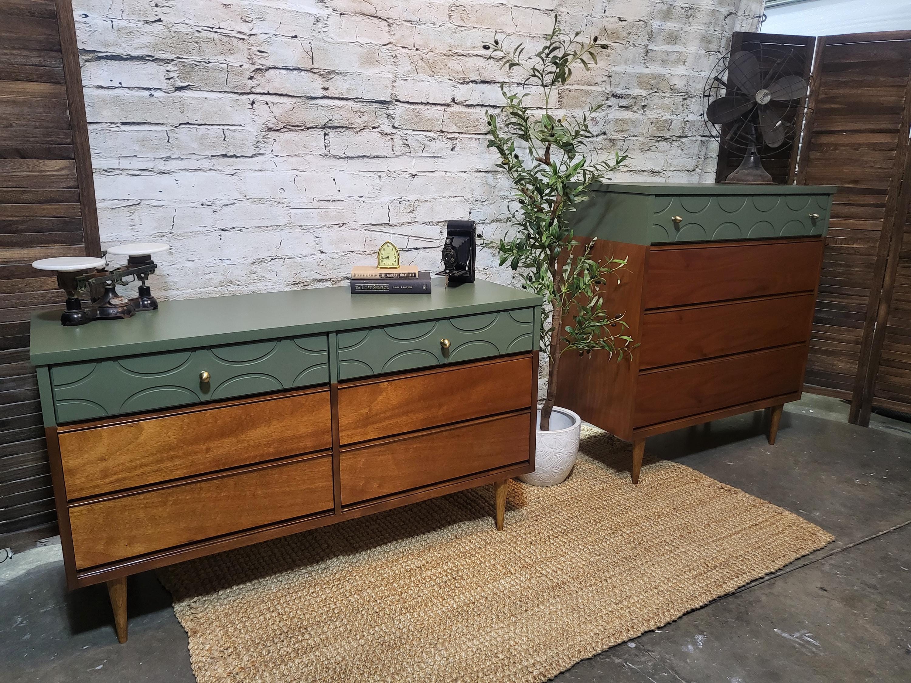 bassett furniture mid century modern dresser Mid Century Modern Vintage Walnut Dresser Set by Bassett