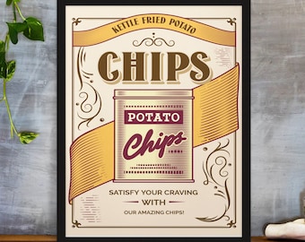 Vintage Potato Chips Printable Art Poster, Digital Art Download, Vintage Food Poster, Potato Chips Wall Art, Vintage Food Art