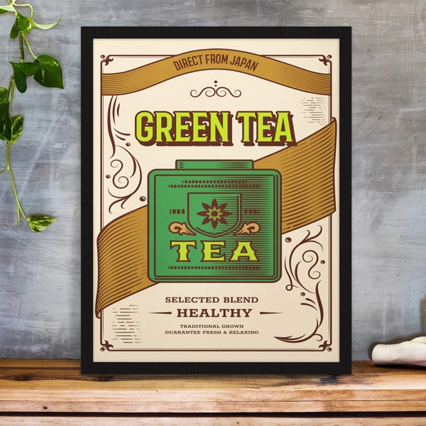 Vintage Green Tea Printable Art Poster, Digital Art Download, Vintage Food Poster, Green Tea Wall Art, Vintage Commercial Art