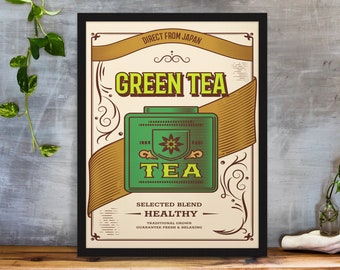 Vintage groene theeposter — Afdrukbare digitale download retro keukenkunst