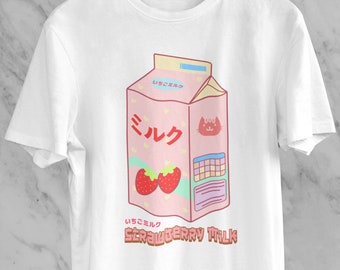 Cat Strawberry Milk Unisex T-shirt, Kawaii Cat T-shirt, Cute Animation T-shirt, Food Art T-shirt, Strawberry Milk  T-shirt