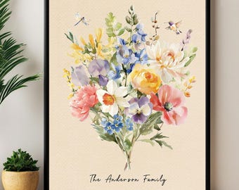 Individueller Geburtsblumen-Familienstrauß | Personalisierter floraler Familiendruck | Digitaler Download Geschenk für Oma