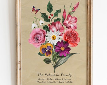 Einzigartiger Geburtsblumen-Familienstrauß, digitaler Download, individuelles Familiengarten-Poster, personalisiertes Geschenk für Mama