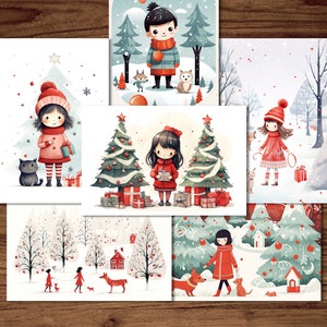 Süße Weihnachtspostkarten, 6 druckbare Winterpostkarten als digitaler Download, Weihnachtspostkartenbögen, Mädchen-Weihnachtspostkarten-Set
